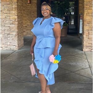 Powder blue butterfly sleeve split thigh ruffle dress